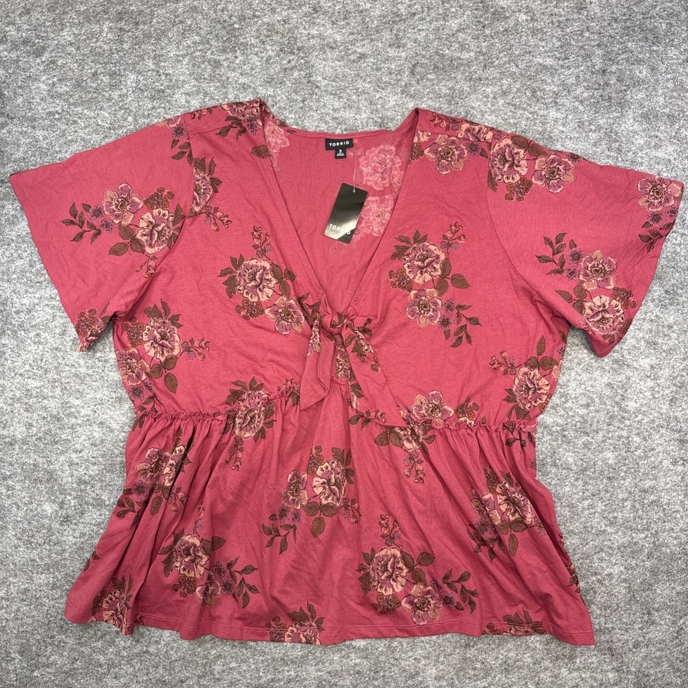 NEW Torrid Heritage Jersey v-neck babydoll top womens 3X floral ruffle tie front